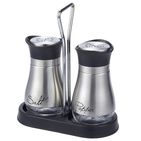 Salt and Pepper Shakers Set - High Grade Stainless Steel with Glass Bottom and 4' Stand - 4" x 6" x 2", 4 oz.