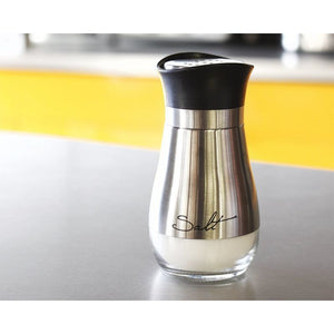 Salt and Pepper Shakers Set - High Grade Stainless Steel with Glass Bottom and 4' Stand - 4" x 6" x 2", 4 oz.