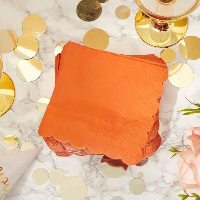 Scalloped Edged Cocktail Napkins (5 x 5 In, Orange, 100-Pack)