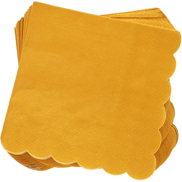 Scalloped Edged Cocktail Napkins (5 x 5 In, Mustard Yellow, 100-Pack)