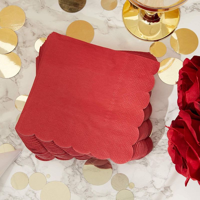 Scalloped Paper Cocktail Napkins in Bulk (Dark Red, 5 x 5 Inches, 100 Pack)