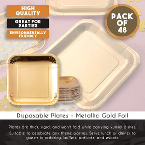 Gold Paper Plates - 48-Pack Disposable 9-Inch Square Plates for Cake, Appetizer, Dessert, Lunch, Metallic Gold Foil, Birthday Party Supplies