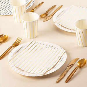 Gold Foil Striped Dinnerware Set, Plates, Napkins, Cups, and Cutlery (24 Guests,144 Pieces)
