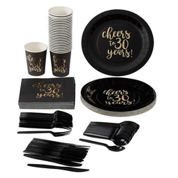 Happy 30th Party Bundle, Includes Plates, Napkins, Cups, and Cutlery (24 Guests,144 Pieces)