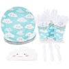 Disposable Dinnerware Set - Serves 24 - Cute Clouds Design, Kids Birthday, Baby Shower Party Supplies, Includes Plastic Knives, Spoons, Forks, Paper Plates, Die-Cut Cloud Napkins, Cups, Sky Blue