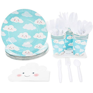 Disposable Dinnerware Set - Serves 24 - Cute Clouds Design, Kids Birthday, Baby Shower Party Supplies, Includes Plastic Knives, Spoons, Forks, Paper Plates, Die-Cut Cloud Napkins, Cups, Sky Blue