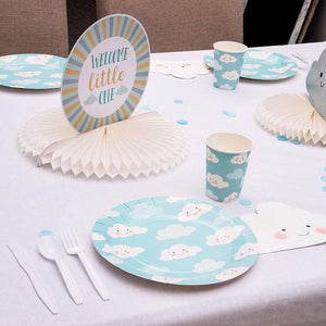 Disposable Dinnerware Set - Serves 24 - Cute Clouds Design, Kids Birthday, Baby Shower Party Supplies, Includes Plastic Knives, Spoons, Forks, Paper Plates, Die-Cut Cloud Napkins, Cups, Sky Blue