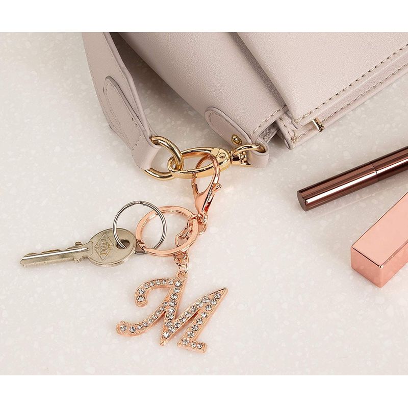 Juvale M Initial Charms - 3-Pack Rose Gold Letter Keyring, Purse Keychain for Handbags, Crystal Alphabet Initial Letter Pendant with Key Ring, 4 Inches