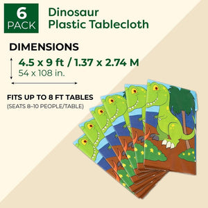 Dinosaur Plastic Tablecloth - 6-Pack Dino Party 54 x 108 Inch Table Cover, Fits Up to 8-Foot Long Tables, Dinosaur Birthday Party Supplies, 4.5 x 9 Feet