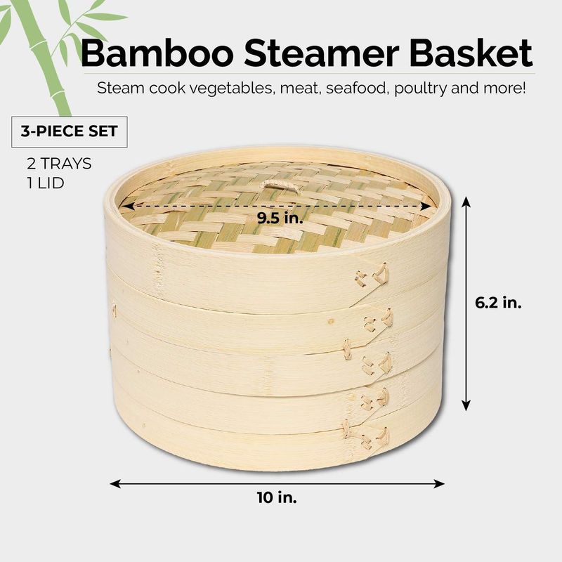 Bamboo Steamer 10 Inch 2 Tier Large Bamboo Steamer Basket Set, Food Steamer
