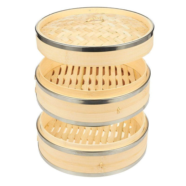 10 Inch Bamboo Steamer with Steel Rings for Cooking (10 x 6.7 x 10 In)