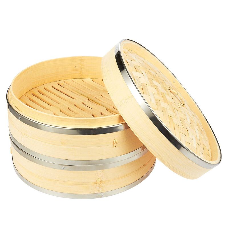 10 Inch Bamboo Steamer with Steel Rings for Cooking (10 x 6.7 x 10 In)