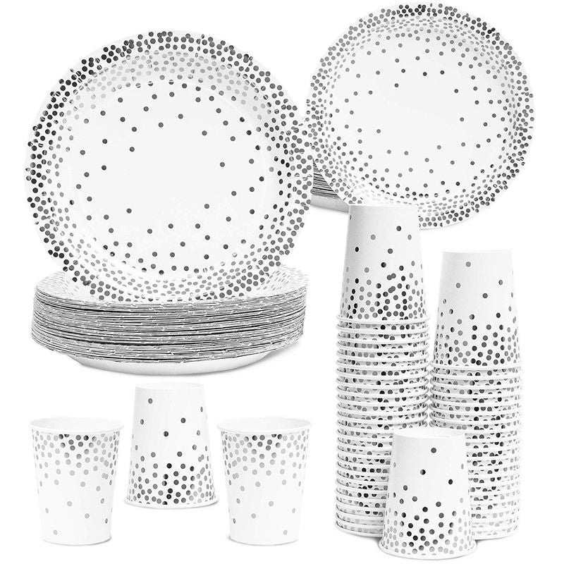 Juvale Silver Foil Dots Party Pack for 50 Guests - Paper Dinner, Appetizer Plates, and Cups