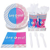 Gender Reveal Party Bundle, Includes Plates, Napkins, Cups and Cutlery (Serves 24, 144 Pieces in Total)