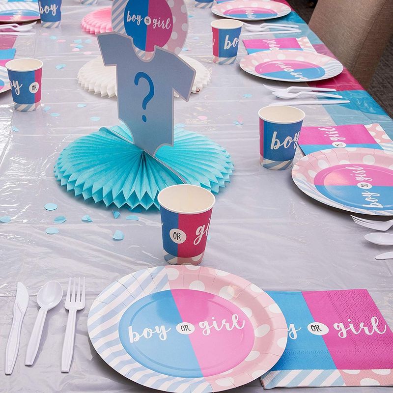 Gender Reveal Party Bundle, Includes Plates, Napkins, Cups and Cutlery (Serves 24, 144 Pieces in Total)
