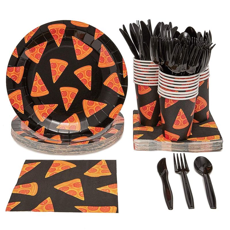 Pizza Party Supplies Pack, Includes Paper Plates, Napkins, Cups and Cutlery (Serves 24, 144 Pieces Total)