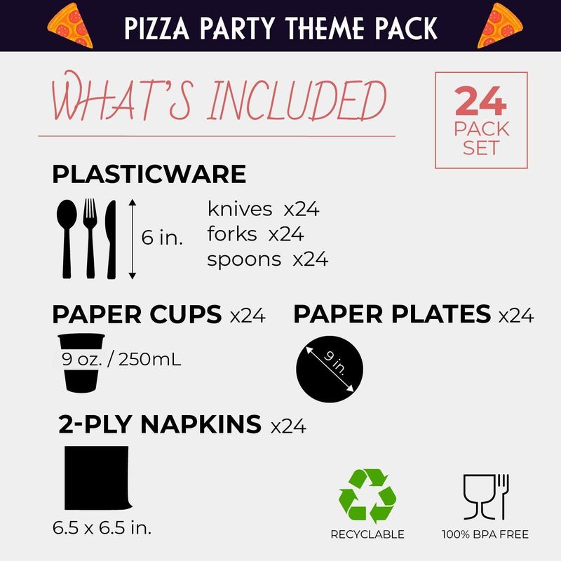 Pizza Party Supplies Pack, Includes Paper Plates, Napkins, Cups and Cutlery (Serves 24, 144 Pieces Total)