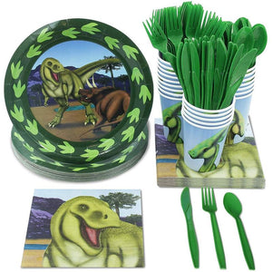 Dino Party Supplies, Bundle Includes Plates, Napkins, Cups, and Cutlery (Serves 24, 144 Pieces)