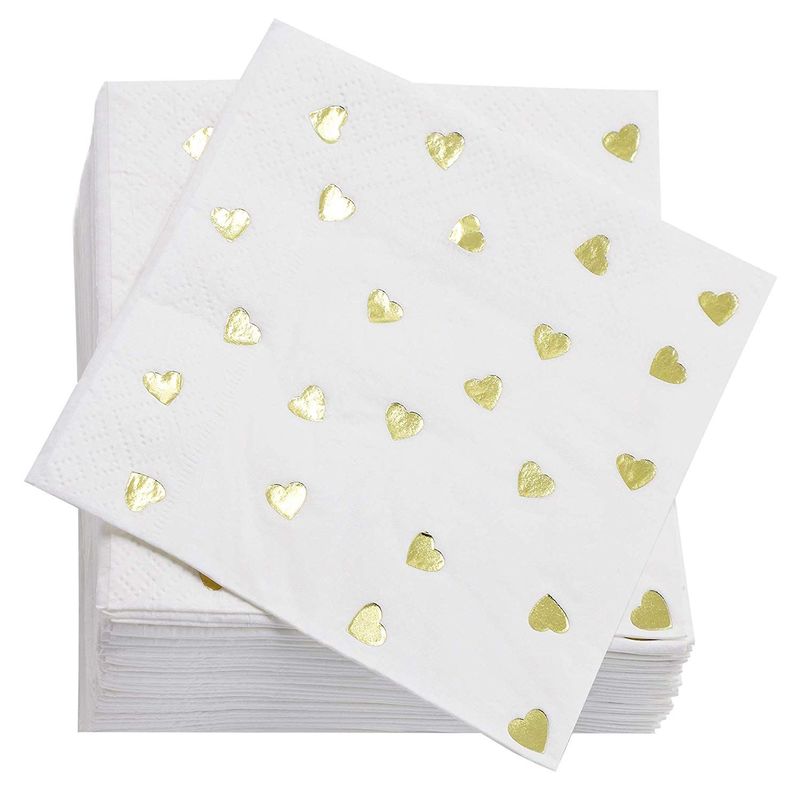 Valentine's Paper Napkins for Party Supplies (White, Gold Foil, 5 In, 50 Pack)
