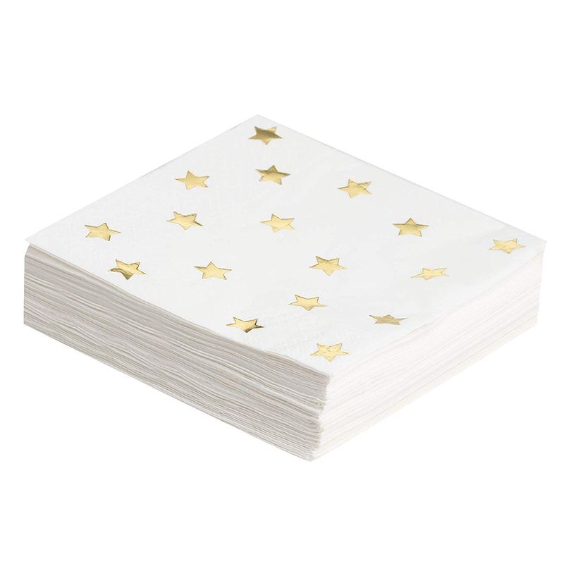 Cocktail Napkins - 50-Pack Gold Foil Star Disposable Paper Napkins, 3-Ply, Birthday, Bridal Shower Party Decoration Supplies, Folded 5 x 5 Inches