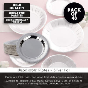Silver Birthday Party Supplies, 7 Inch Paper Plates (48 Pack)
