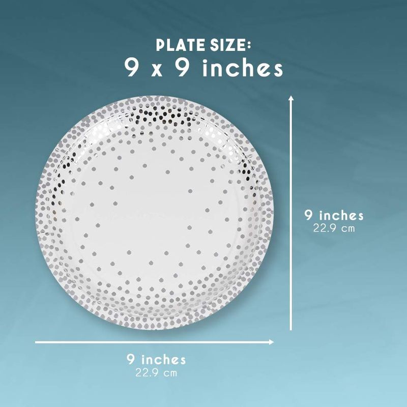 Silver Disposable Plates - 48-Pack Metallic Silver Foil Polka Dot Paper Party Plates, 9-Inch Round Lunch Plates, Dessert, Appetizer, For Wedding, Bridal Shower, Birthday Party Supplies