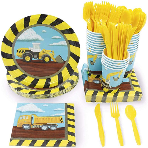 Construction Site Party Bundle, Includes Plates, Napkins, Cups and Cutlery (Serves 24, 144 Pieces)