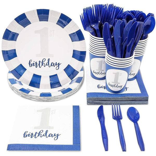 Baby Boys 1st Birthday Party Supplies, Blue Dinnerware Set (Serves 24, 144 Pieces)