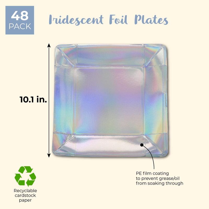 Iridescent Foil Paper Plates for Parties, Square (10 In, 48 Pack)