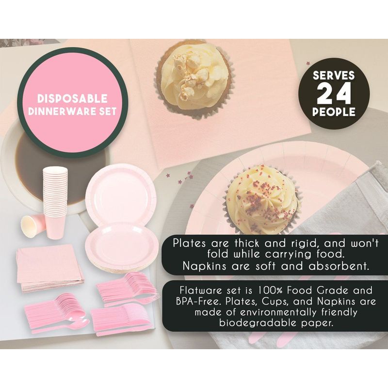 Disposable Dinnerware Set - 24-Set Paper Tableware - Dinner Party Supplies for 24 Guests, Including Paper Plates, Napkins and Cups, Pink