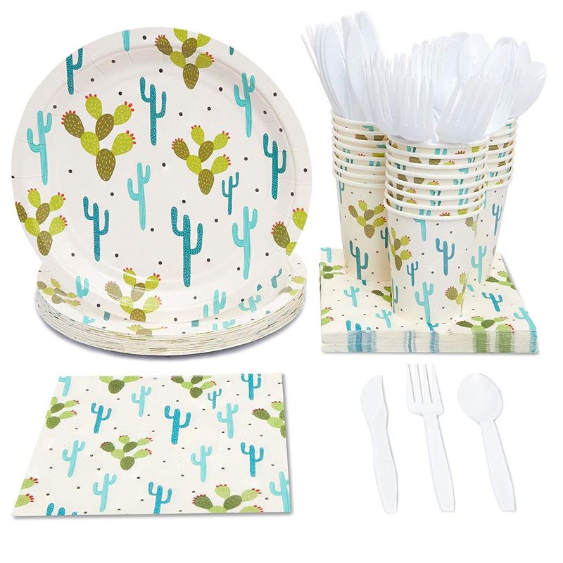 Fiesta Party Supplies, Cactus Plates, Plastic Cutlery, Paper Cups, and Luncheon Napkins (Serves 24, 144 Pieces)