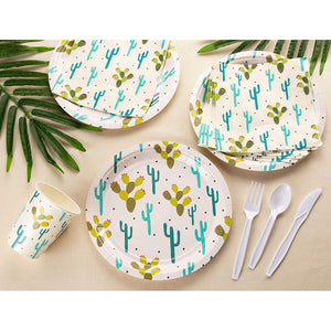 Fiesta Party Supplies, Cactus Plates, Plastic Cutlery, Paper Cups, and Luncheon Napkins (Serves 24, 144 Pieces)