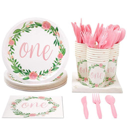 1st Birthday Decorations, Paper Plates, Napkins, Cups and Plastic Cutlery (Serves 24, 144 Pieces)