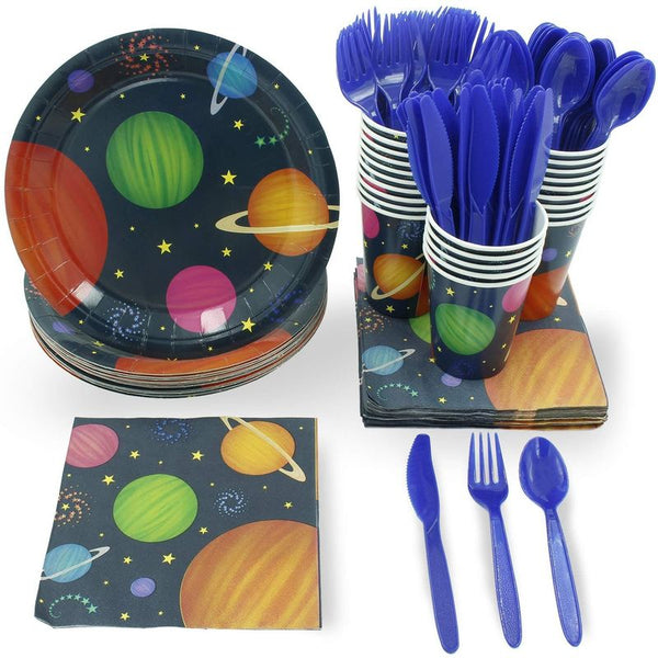 Outer Space Party Bundle Includes Plates, Napkins, Cups, and Cutlery (Serves 24, 144 Total Pieces)