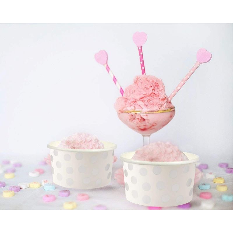 Disposable Ice Cream Cups, Dessert Bowls with Silver Polka Dots (8 oz, 50 Pack)