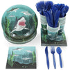Shark Party Bundle Includes Plates, Napkins, Cups, and Cutlery (Serves 24, 144 Pieces)