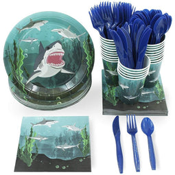 Shark Party Bundle Includes Plates, Napkins, Cups, and Cutlery (Serves 24, 144 Pieces)