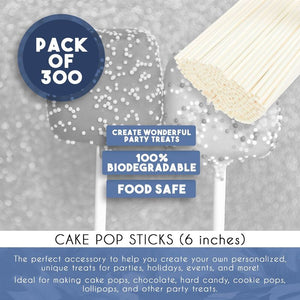 Cake Pop Sticks - 300-Count 6-Inch Paper Sticks for Lollipops, Candy Apples, Cake Pops, White