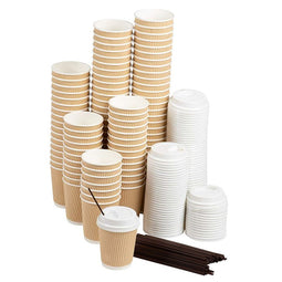 Disposable Kraft Paper Insulated Coffee Cups with Lids and Stirring Straws (8 oz, 100 Pack)