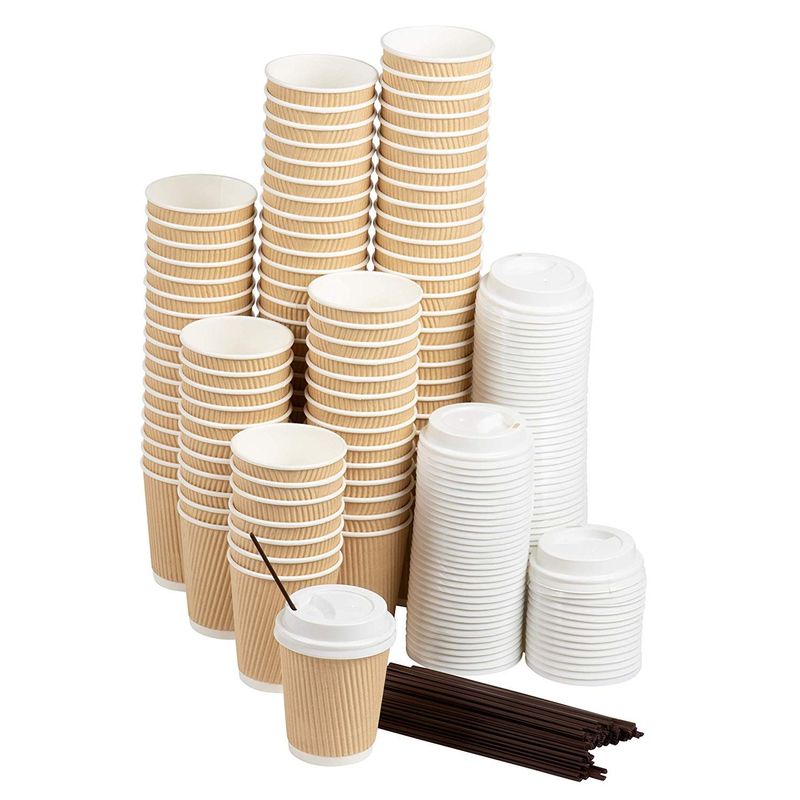 Juvale 100 Pack Kraft Paper Insulated Disposable Coffee Cups With Lids And  Stirring Straws For Hot Drinks, Beverages 8 Oz : Target