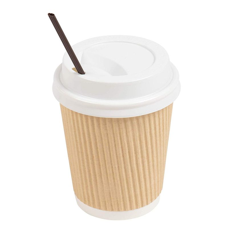 Juvale 100 Pack 8 oz Kraft Paper Insulated Disposable Coffee Cups with Lids  and Stirring Straws for Hot Drinks, Beverages