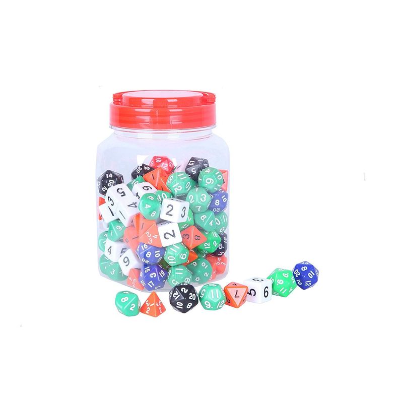 Polyhedral Dice Set - Assorted Colors - 4 Sided, 6 Sided, 8 Sided, 10 Sided, 12 Sided, and 20 Sided Included with Jar and Velvet Bag - 120 Count