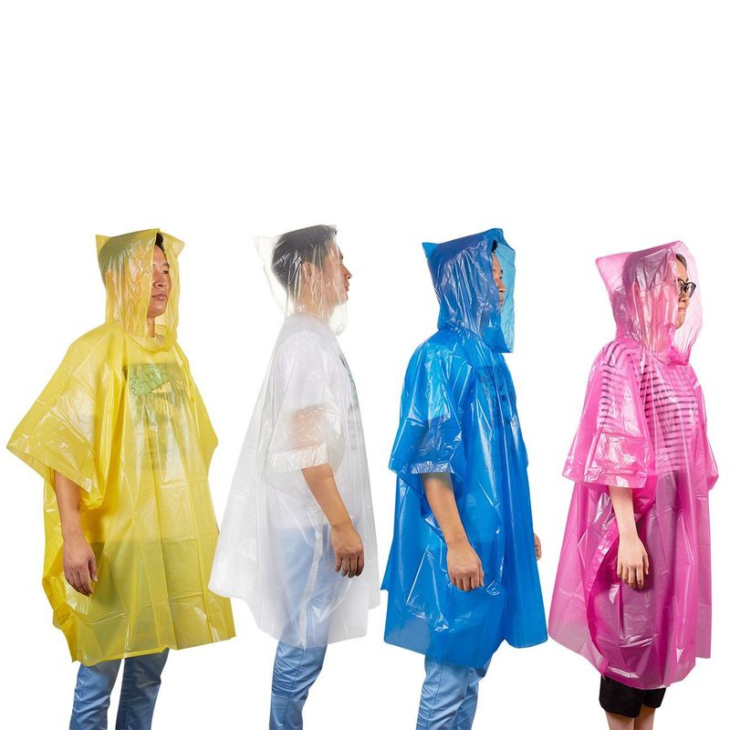 20-Pack Durable Disposable Rain Ponchos, Adults Emergency Waterproof Raincoat with Hood for Camping, Hiking, Sport or Outdoors, 4 Colors (Pink, Blue, Yellow, Clear), 49.5 x 48.5 Inches
