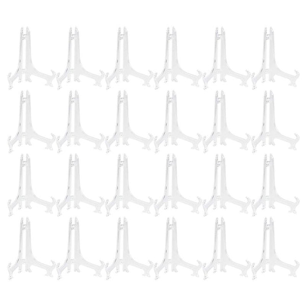 Plastic Easel Stands - 24-Pack Easel Display Stand Plate Holders for Photo, Dish, Art Pieces, Certificates, Placecard - Ideal Wedding, Home, Birthday, Party, Table Decorations - Clear, 5.3 Inches Tall