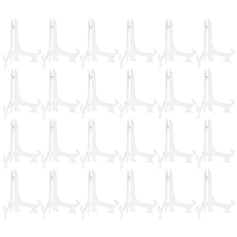 Plastic Easel Stands - 24-Pack Easel Display Stand Plate Holders for Photo, Dish, Art Pieces, Certificates, Placecard - Ideal Wedding, Home, Birthday, Party, Table Decorations - Clear, 6.9 Inches Tall