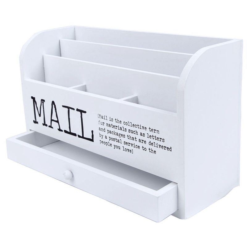 Juvale 3 Tier Wooden Mail Desktop Organizer & Sorter with Storage Drawer - for Office and Home - Keep Mail, Letters, Files, & Office Supplies Neat & Organized - White - 11 Inches.