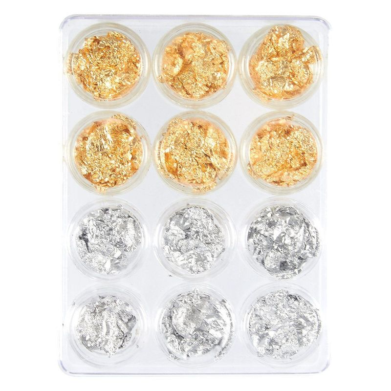 Foil Nail Art Set, 12 Pack Nail Accessories for Foil Transfer, Nail Paillette for Decoration, Flake and Mirror Effect | Gold and Silver