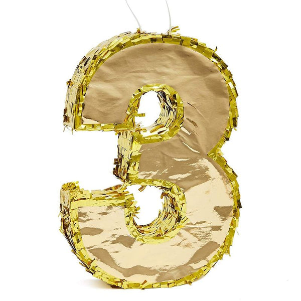 Juvale Number 3 Gold Foil Party Pinata for Third Birthday, Centerpiece Decoration, 15.5 x 10.5 x 3 Inches