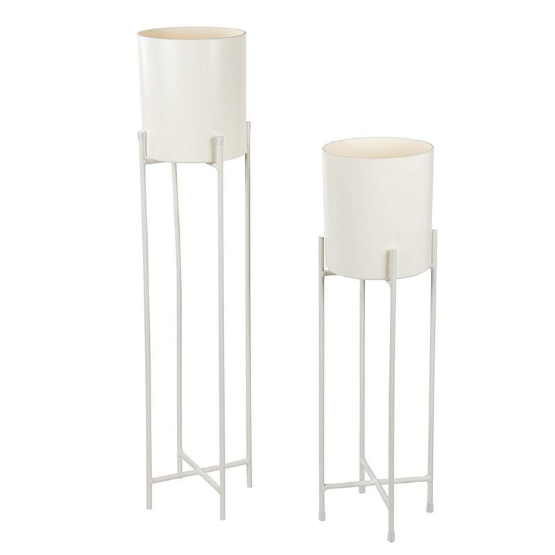2 Pack Small Planter with Tall Metal Plant Stand for Indoor Outdoor Floor, White