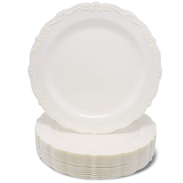 Wedding Dinnerware, Cream Plastic Plates for Parties, Birthdays (9 x 9 In, 25 Pack)